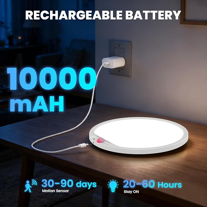 KINDEEP Bedroom Ceiling Light with Night Light: 12 Inch 10000mAh Rechargeable Ceiling Light with Remote, Dimmable 3 Colors & RGB, Wireless Motion Sensor Ceiling Lamp for Bedroom, Hallway, 1 Pack