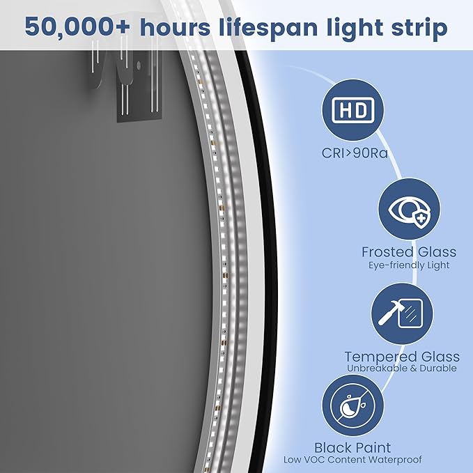 STARLEAD 24" Black Frameless Round LED Bathroom Mirror with Bluetooth Speaker, Dimmable Lighting, 3 Color Modes, Anti-Fog, Touch Control Wall Mounted Vanity Mirror