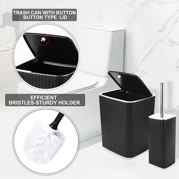 XLHOMO Bathroom Accessories Set - Gorgeous Bathroom Set, 10PC Black Bathroom Accessory Set, Toilet Brush, Trash Can, Qtip Holder & Soap Dispenser