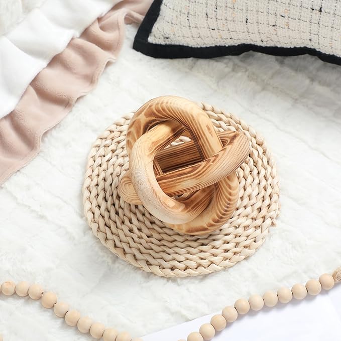 3 Link Wood Knot Decor Rustic Home Décor Accents Hand Carved Coffee Table Decoration, Boho Chain Link Decoration, Modern Shelf, Rustic Objects for Home Living Room Bedroom(Burnt)