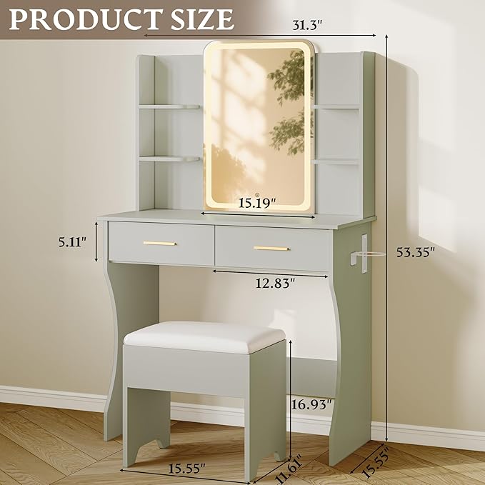 Makeup Vanity Desk with Mirror & Lights, Small Vanity Table Set for Girls with Chair & Power Outlet, Modern Dressing Table with 2 Drawers & 4 Storage Shelves, Adjustable RGB Lighting - Green