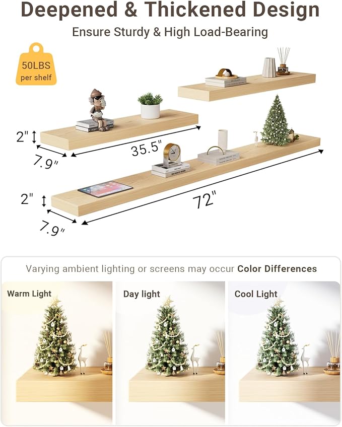 White Oak Floating Shelf for Wall, 3-Piece Long Wood Floating Shelves for Fireplace Mantel, 8D x 2 Inch Thick Wall Shelves for Kitchen Bathroom Living Room Laundry, 50LBS Capacity(35.5&72 In)