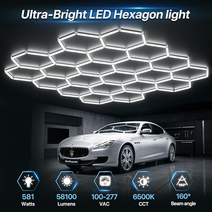 HYPERLITE Gen 2 Hexagon Garage Lights: 581W 58100LM 22 Grids Hexagon Led Light, 6500K Ultra Bright Honeycomb Hex Lights, Easy Install, Durable Design for Garage, Car Detailing, Workshops, Shops, Gym