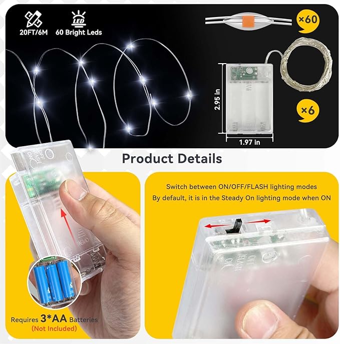LitHome 6 Pack Cool White Fairy Lights Battery Operated, 20 FT 60 LED Twinkle Lights Battery Operated 2 Modes, Waterproof Led Fairy String Light for Indoor Outdoor Christmas Wedding Bedroom Decor