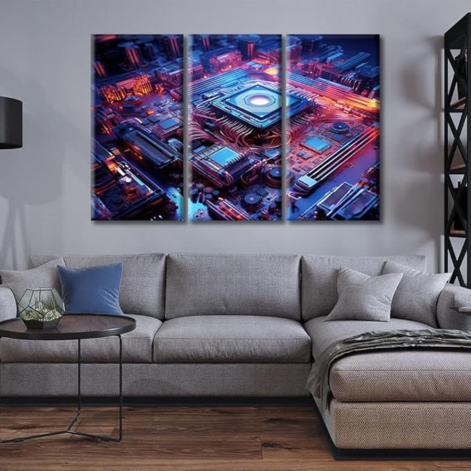 Motherboard Digital Chip Canvas Wall Art Paintings for Wall Decorations CPU Concept Pictures Artwork Wall Art for Living Room 3 Pieces Art Prints Framed Ready to Hang (42"Wx28"H)