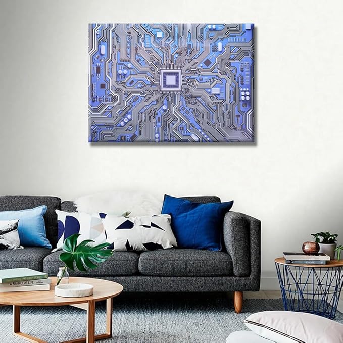 Circuit Board Canvas Paintings Wall Art 1 Piece CPU Circuit Board Posters and Prints Bedroom Decor Wall Art Computer Processors CPU Framed Gallery-Wrapped Ready to Hang 20X28 INCH