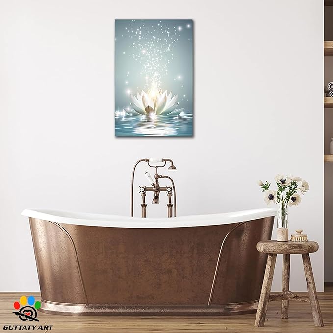 Zen White Lotus Flower Canvas Wall Art, Lotus Flower Pictures Bathroom Zen Print, Spiritual Water Lily Canvas Prints, Lotus Bloom on Water Poster, Zen Calm Relax Artwork for Yoga Spa Room 18x24 inch