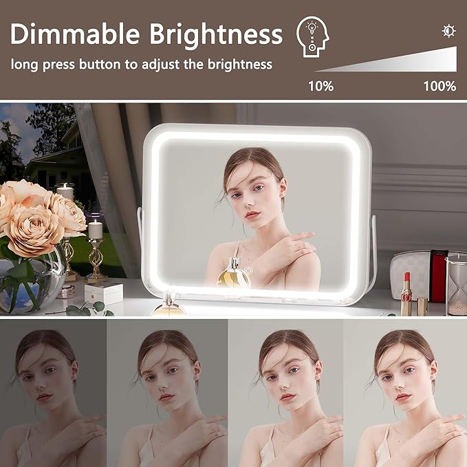 Hasipu Vanity Mirror with Lights, 14" x 10" LED Makeup Mirror, 3 Modes Light, Smart Touch Control Dimmable, 360°Rotation, Rectangle White Frame, with 5X Magnifying Glass