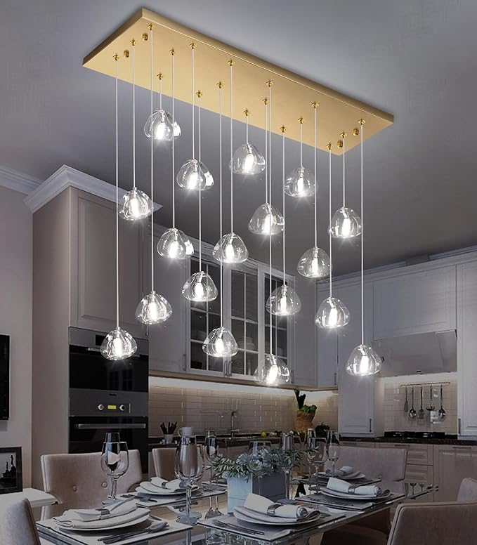 W35 x D11.8 x H118 Rectangular Chandelier Bubble Crystal Balls Glam Chandeliers Dimmable Light High Ceiling Pendants Light Fixtures Adjustable Long Lights Antique Gold