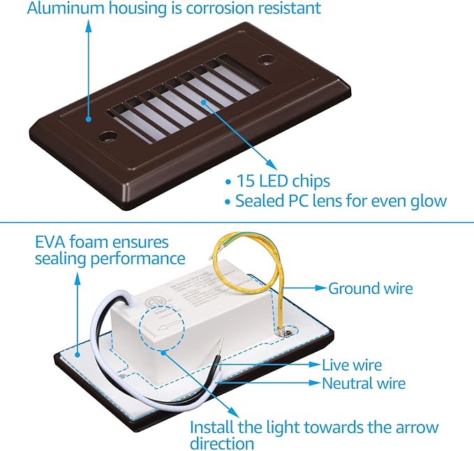 LEONLITE 120V Line Voltage LED Step Lights, Dimmable LED Stair Light, ETL Listed, 3W Surface Mount Louvered Step Light, Vertical Design, Waterproof Aluminum, 3000K Warm White, Bronze, Pack of 6