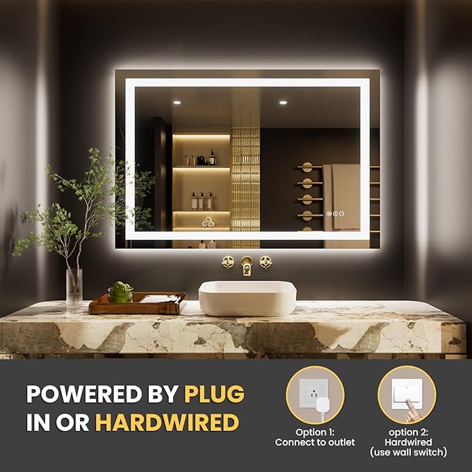 LOAAO 44"x30" LED Bathroom Mirror with Lights, Anti-Fog, Dimmable, Backlit + Front Lit, Lighted Bathroom Vanity Mirror for Wall, Memory Function