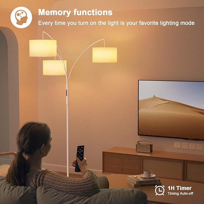 36W Dimmable Floor Lamp - 3 Lights Arc Floor Lamps Standing Lamp with Remote & Touch Control, Tall Lamp for Living Room Corner, Bedroom, Office