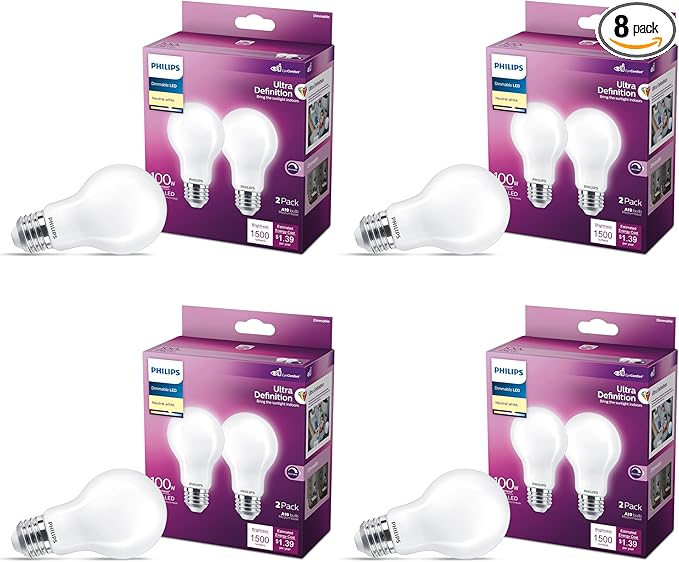 A19 Ultra Definition Frosted Dimmable LED Light Bulbs 8-Pack - Flicker-Free 100w Light with EyeComfort Technology - Daylight 3500K Lightbulb - 1500 Lumen - E26 Base