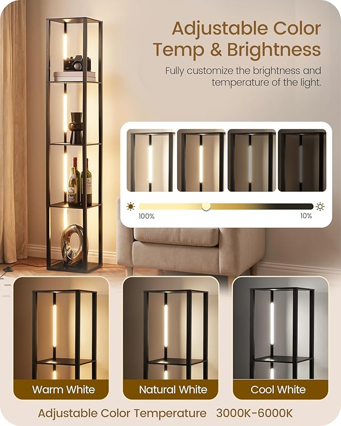 64.2" Display Shelf with Light, Modern Corner Floor Lamp with Shelves, LED Dimmable Standing Lamp with Remote for Living Room, Bedroom, Office, Adjustable CCT, Black Square B51LD05