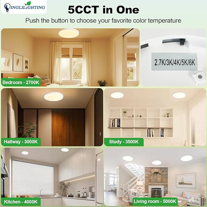 LED Flush Mount Ceiling Light: 12 inch 6Pack Super Slim Dimmable & 5CCT (2700-6500K) Kitchen Lighting Fixtures Ceiling - 24W White Low Profile Ceiling Lamp for Bedroom Garage Hallway