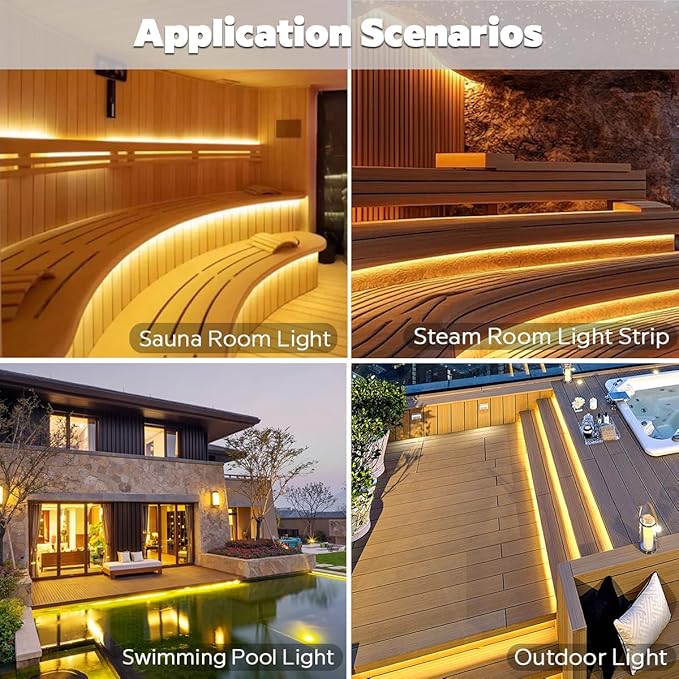 SuperlightingLED DC24V 3000K White LED Strip for Sauna Lighting, Flexible Long 5m 16.4ft 120 LEDs/m High-temperature Resistant IP68 Waterproof LED Strip Light for Steam Room (3000K Warm White)