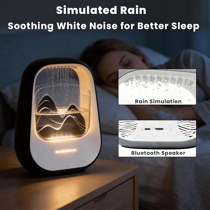 Rain Drop White Noise Machine with Realistic Rain Sounds – Sleep Therapy Humidifier, Bluetooth Speaker, Ambient Light & Aroma Diffuser for Bedroom Relaxation, Meditation & Stress Relief (Black)