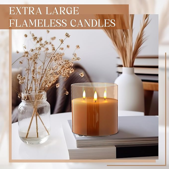 Retisee 6'' x 6'' Extra Large Flameless Candles, 3 Wick Glass Large Candles with Remote Control and Timer Function, Real Wax LED Pillar Flickering for St. Patrick's Spring Party Decor(Gold,1 Pcs)