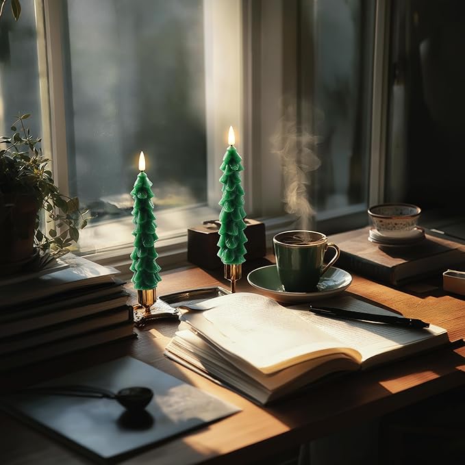 Christmas Tree Taper Candles with Remote & Timer, Flameless Christmas Tree Wax Battery Operated Green Tree LED Candle for Christmas Home Decor (3pcs,7inch)