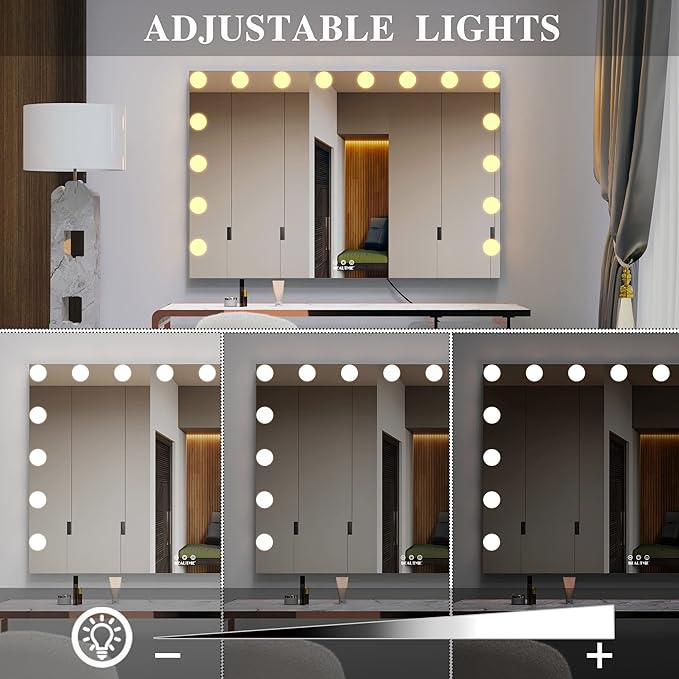BEAUTME Hollywood Makeup Mirror,Vanity Mirror with Lights, LED Mirrors, Tabletop or Wall-Mounted Mirror with 16 Dimming LED Bulbs, Silver(911×180×616mm)