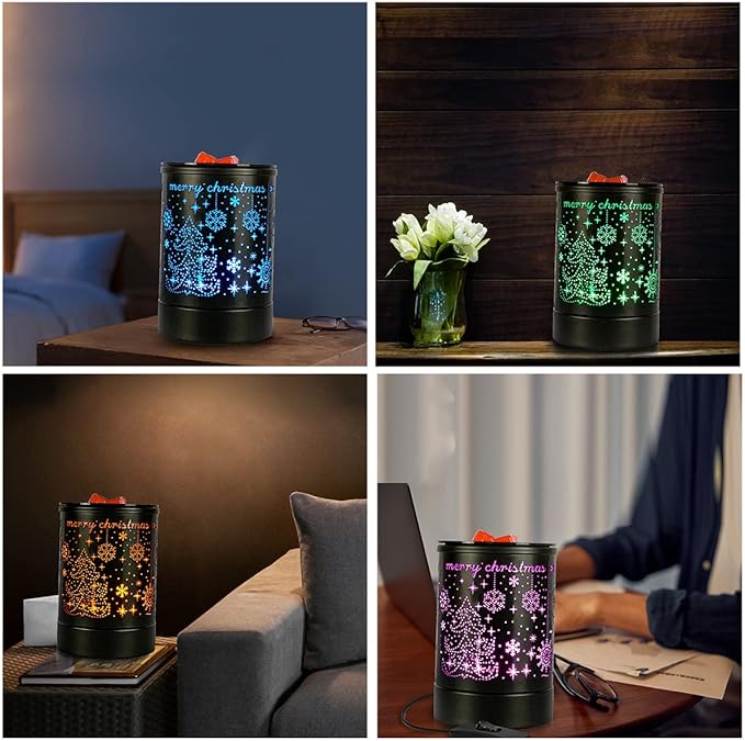 Fragrance Wax Melts Warmer with 7 Colors LED Changing Light Classic Black Forest Design Scent Oil Candle Warmer for Home Black Christmas