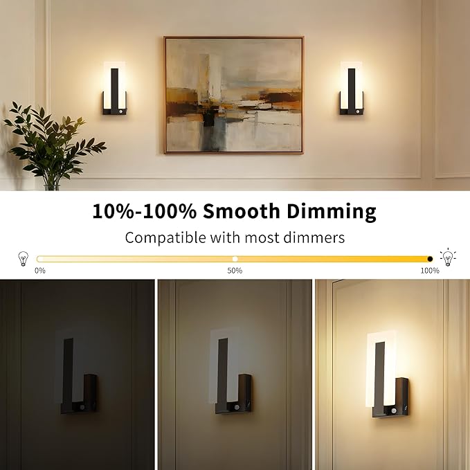 Joosenhouse Wall Sconces Set of Two Hardwired, Motion Sensor Wall Lights for Bedroom Living Room Hallway, TRIAC Dimmable 3000K Warm White, Modern Black Metal Acrylic Wall Lamp Fixtures