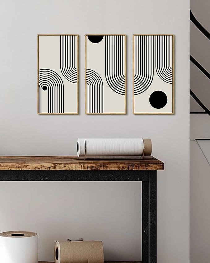 KUVIOKE Boho Wall Decor Black Minimalism Line Abstract Bohemian Art Ready To Hang 8x16in3pcs Natural Framed