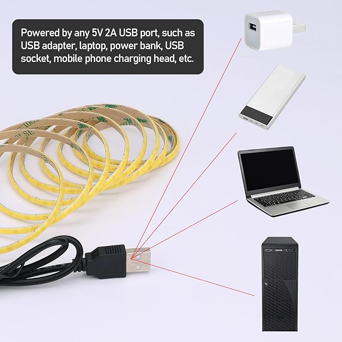GOMING 5V COB USB LED Strip Light Warm White 3000K 5mm Width USB Powered 13.12ft/4M 400LEDs/M Flexible High Brightness IP20 Not Waterproof LED Tape Lights for DIY Decoration Lighting(2pcs x 6.6ft)
