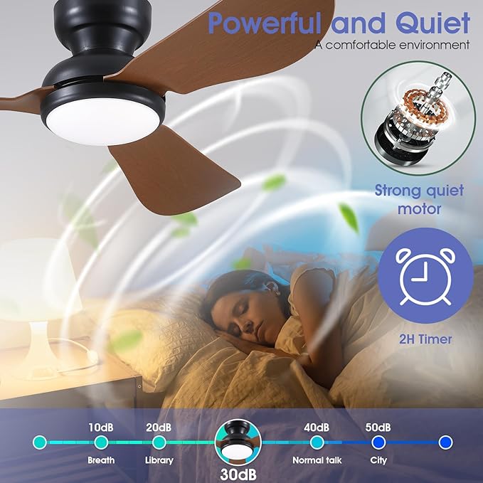 46 Inch Modern Ceiling Fans with Lights, Flush Mount Ceiling Fan, Remote/APP Control, 3 Reversible Curved Blades, 6 Speeds, 3 CCT Dimmable LED Lights for Living Room Bedroom, Brown