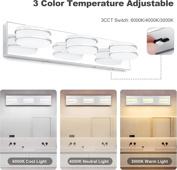 3 Color Temperature Dimmable Bathroom Light Fixtures Over Mirror, LED Chrome 3 Light Vanity Lighting Fixtures, Acrylic Stainless Steel Oval Shade Vanity Lights for Bathroom, ETL Certificated