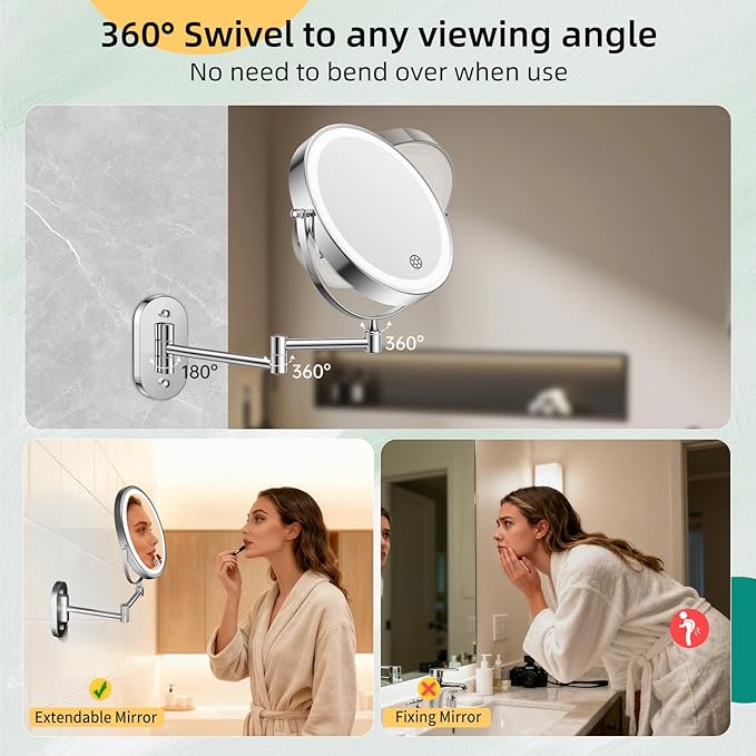 FUNTOUCH 5000mAh Rechargeable Wall Mounted Makeup Mirror with Lights,Double Sided 1X/30X Magnification,3 Color Lights,Touch Dimmable,Extended Arm 360 Rotation Lighted Bathroom Mirror