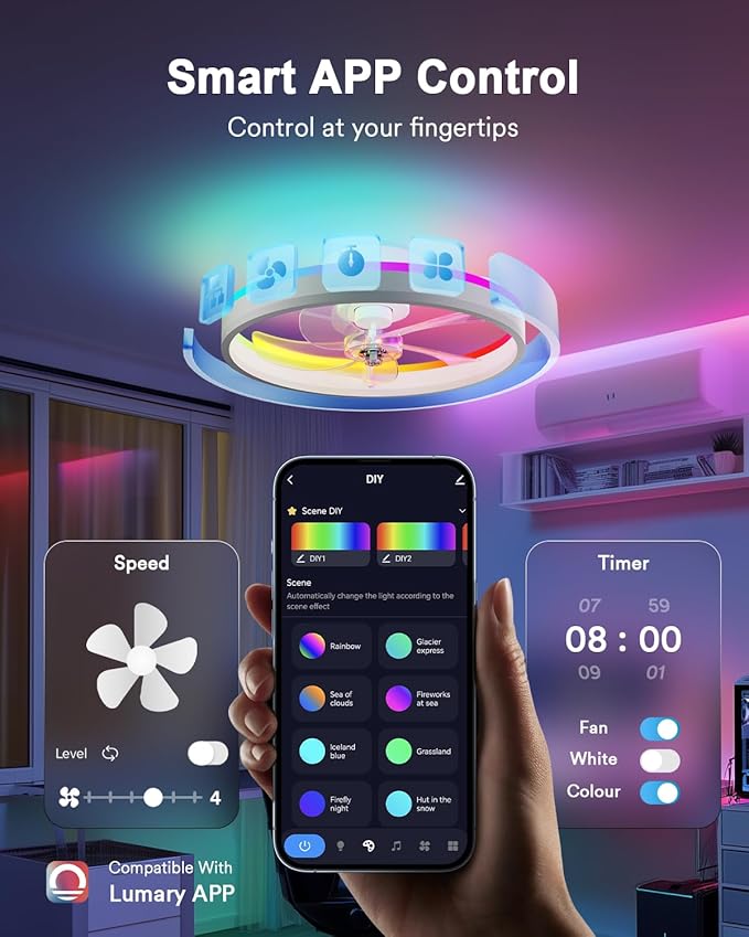 Lumary Smart WiFi Ceiling Fans with Lights, RGBAI Flush Mount Ceiling Fans with Lights and Remote, Dual Lighting Mode Modern LED Low Profile Ceiling Fan for Bedroom Works with Alexa Google, 20in White
