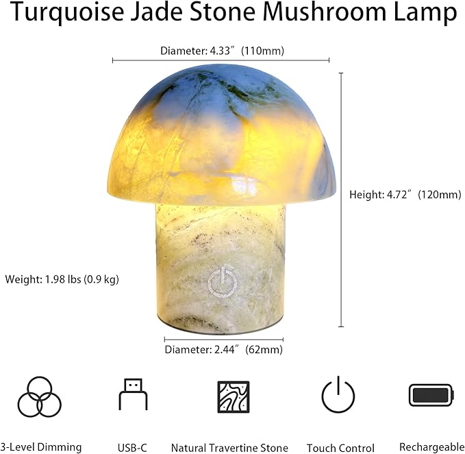 Natural Stone Mushroom Lamp, Marble LED Rechargeable Night Light with Touch Dimming, 3-Level Brightness Small Table Lamp for Bedside Ambient Home Decor, Hand-Polished Stone Decor Light