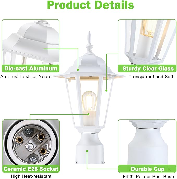 Outdoor Post Light, Pole Lantern, Waterproof Die-Cast Aluminum Pole Light Fixture with Glass, Exterior Post Lamp for Garden Yard Patio Pathway, Matte White, 1-Pack