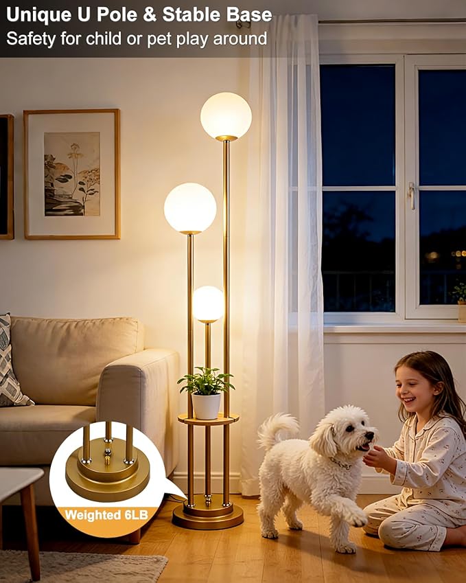 Lightdot Gold Floor Lamp 3-Lights Dimmable Floor Lamps with Tray 3000K Bulbs Included Unique Modern Tall Standing Lamp for Living Room/Bedroom/Sofa Beside/Corner Decor