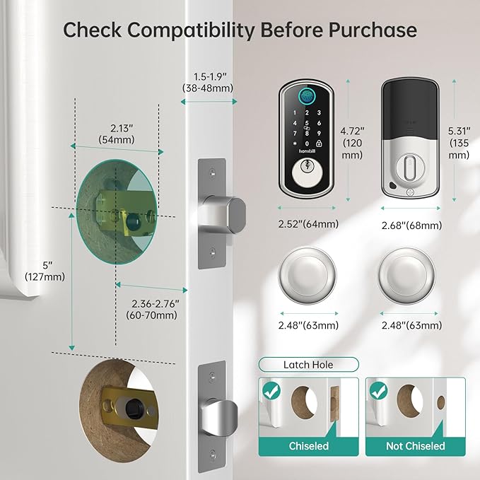 WiFi Smart Door Lock：Hornbill keyless Entry Door Lock with Handle,Fingerprint Smart Lock with 2 Knobs, Alexa Bluetooth Remote APP Control,Auto Locking for Home Hotel,Satin Nickel