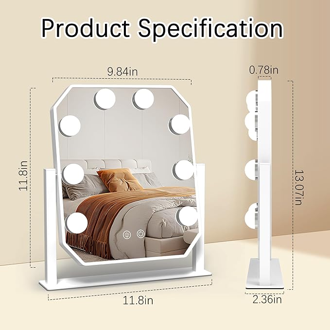 Hollywood Vanity Mirror with Lights, 3 Color Modes LED Bulbs, 5X Detachable Magnifying Mirror, Smart Touch Control, Tabletop Makeup Mirror for Bedroom & Dressing Room, for Her (White)