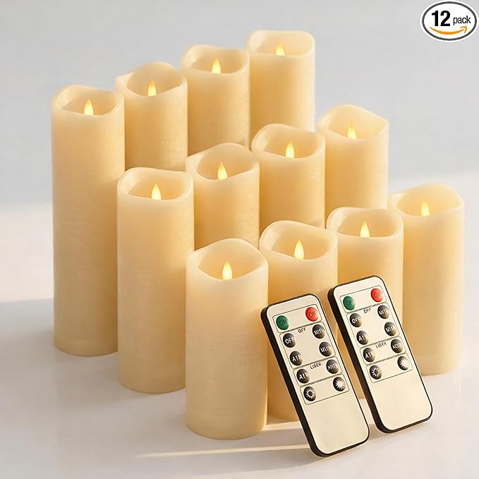 Enido Flameless Candles Led Candles Pack of 12 Battery Candles (D2.15'' x H4''5''6'') Waterproof Outdoor Indoor Candles with 10-Key Remotes and Cycling 24 Hours Timer (Plastic)
