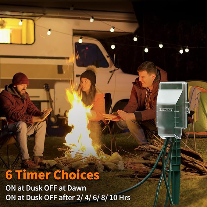SURAIELEC Outdoor Power Stake, Dusk to Dawn Light Timer, 6 Electrical Outlet Power Strip Waterproof, 6 ft Extension Cord for Patio Lights, Sprinkler, Garden, Christmas Decorations, Outdoor Light