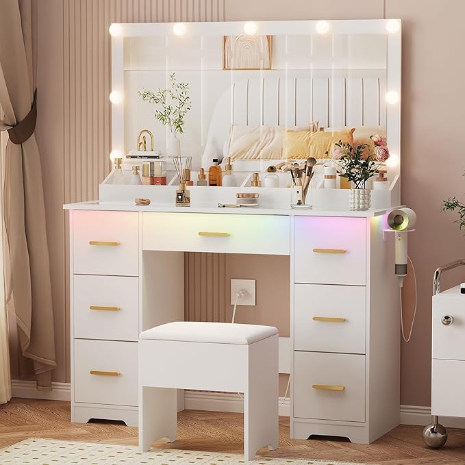 44" Vanity Desk with 38" Large Mirror and 9 LED Lights & Glass Top and Power Outlet, Makeup Vanity Set with 7 Drawers & Chair and RGB Ambient Light, Dressing Table for Bedroom, Modern White