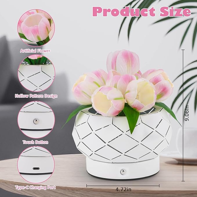 Tulip Flower Lamps, 3 Colors Dimmable Touch Lamp with Vase, USB Rechargeable LED Flower Lamp, Artificial Flower Bedside Lamp, Romantic Night Light with Tulip, Gifts for Mother Wife Girls (Pink Tulip)