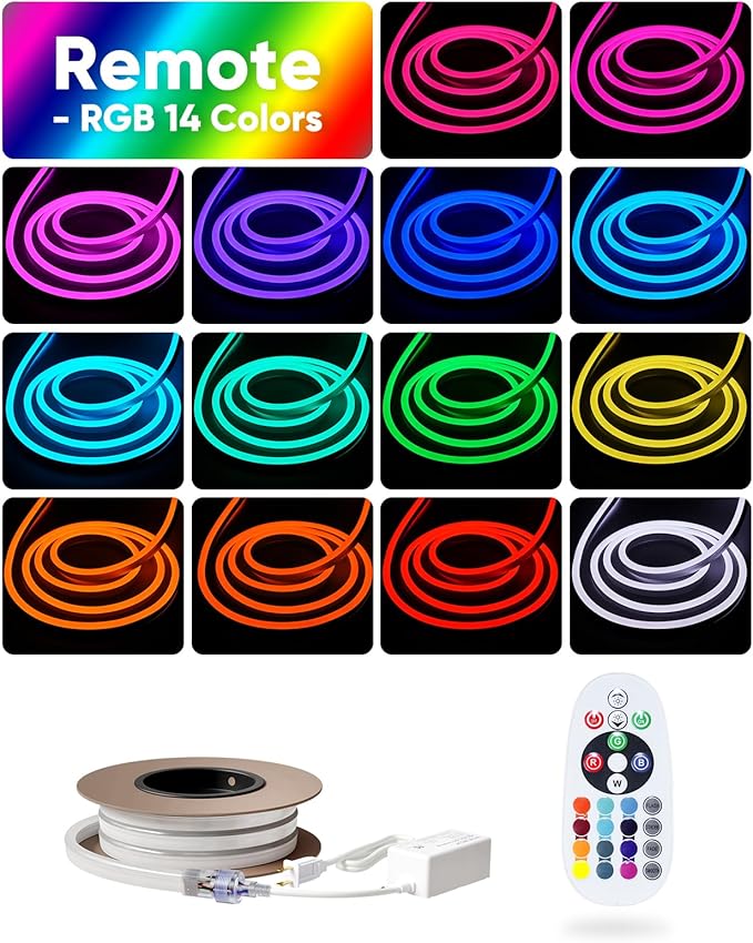 Shine Decor LED RGB Neon Rope Lights AC 120V, Expandable & Cuttable Bright Strip Lighting with Remote, Dimmable Color Changing, ETL Cold-Resistant & IP65 Waterproof for in&Outdoor, 10x20mm, 16.4FT