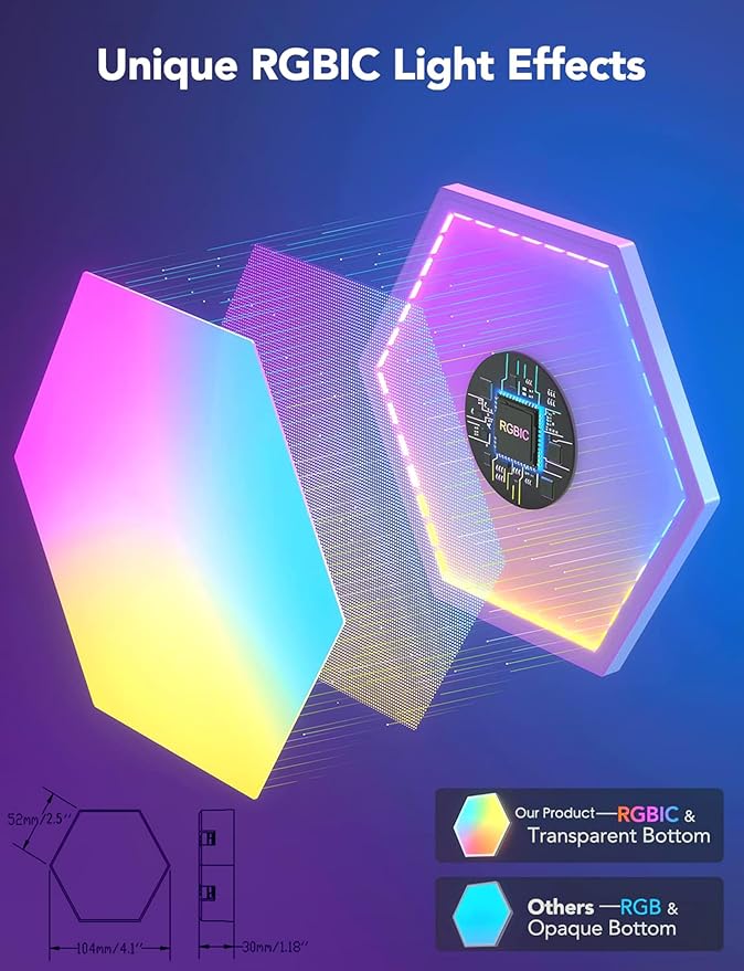 STONEBROOK Smart RGB + IC Hexagon Light Panels, DIY Wall Lights with Music Sync, Alexa & Google Assistant, Wi-Fi App Control,Gaming Lights for Gaming Setup, Gaming & Bedroom Decor (10-Pack)