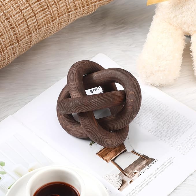 3 Link Wood Knot Decor Rustic Home Décor Accents Hand Carved Coffee Table Decoration, Boho Chain Link Decoration, Modern Shelf, Rustic Objects for Home Living Room Bedroom(Black Walnut)