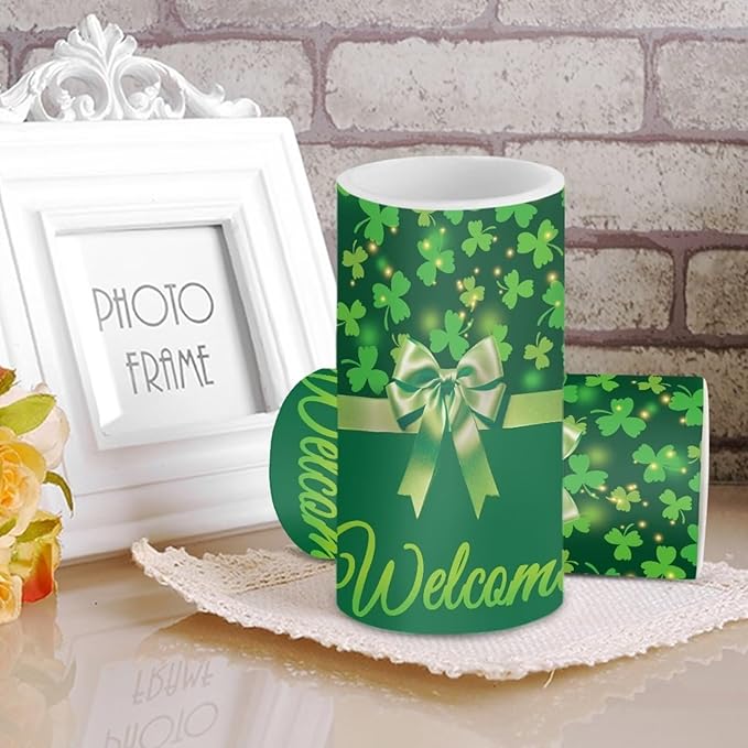 St Patricks Day Decor Flameless Candles Battery Candles with Remote Control Green Bow LED Pillar Candles Electric Fake Plastic Candles for Home Room Bedroom Holiday Decorations Set of 2