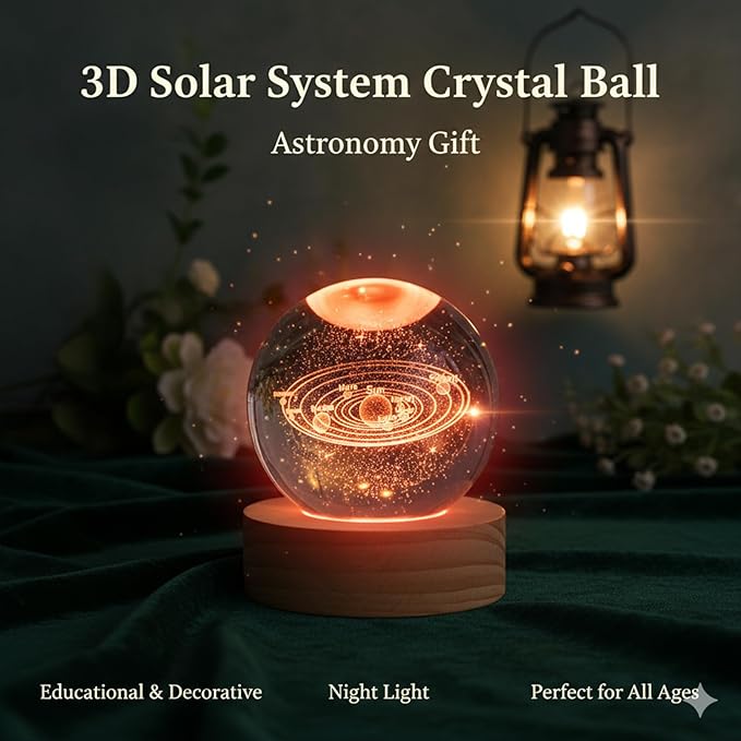 Happyhaves Calming Stellar Spheres Crystal Ball Night Light with Wooden Base, 3D Moon and Galaxy Lamp, Planet Sphere Calming Light for Bedroom Decor and Space Gifts (Solar System)