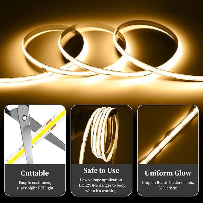 iNextStation 16.4ft/5M 3000K Warm White COB LED Light Strip, DC12V CRI 93+ Light Strip for TV, 8mm Width LED Tape Lights, LED Strip Lights for Bedroom, Kitchen, Home Lighting Decor(No Plug)
