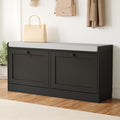 Modern Shoe Storage Bench fits up to Shoe Size 16, Entryway Bench with 2 Flip Drawers and Padded Seat Cushion, Wooden Shoe Bench with Storage for Entryway, Hallway, and Apartment, Black
