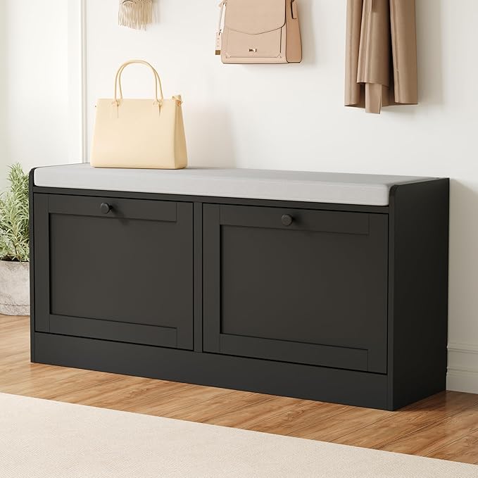 Modern Shoe Storage Bench fits up to Shoe Size 16, Entryway Bench with 2 Flip Drawers and Padded Seat Cushion, Wooden Shoe Bench with Storage for Entryway, Hallway, and Apartment, Black