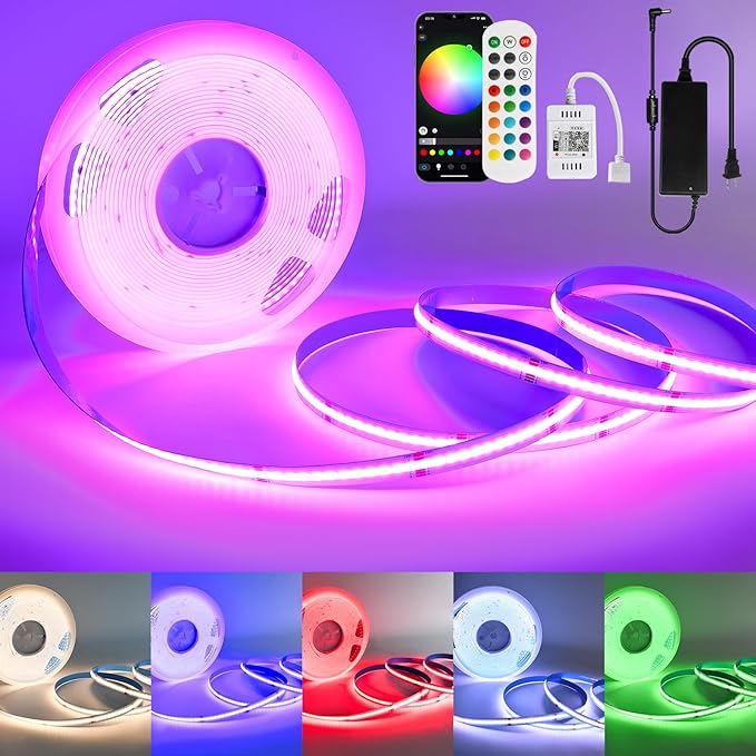 Sumaote RGBW COB Led Strip Light 32.8 FT, 24V 6720LEDs 12mm Width RGBW WiFi Tape Light with APP & Remote Control, 3000K Dimmable for Indoor Home Decor, Compatible with Alexa